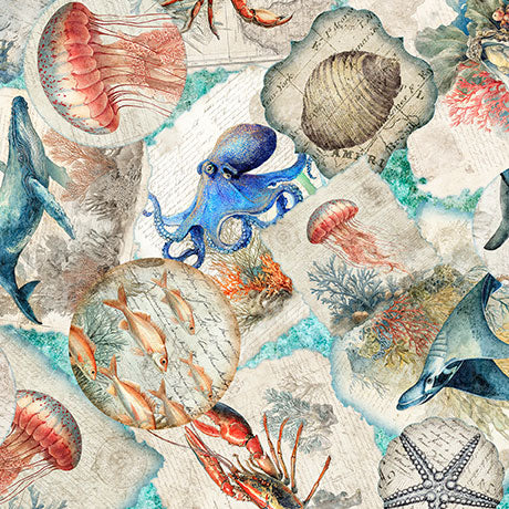 Nauticus - Sea Creatures Overlapping Patc, Aqua - 32051-Q