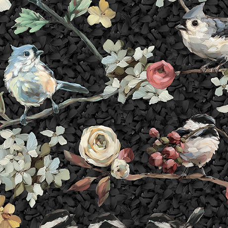 Daisies and the Chickadees - Chickadees on Floral Branches, Black - 32339-J