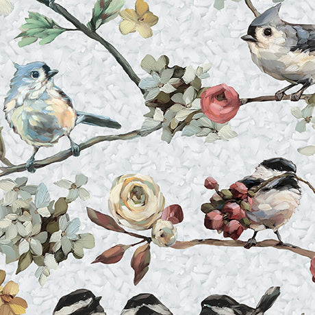 Daisies and the Chickadees - Chickadees on Floral Branches, Gray - 32339-K