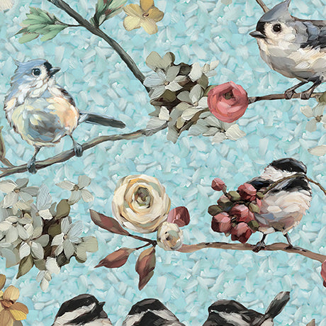 Daisies and the Chickadees - Chickadees on Floral Branches, Dusty Aqua - 32339-Q