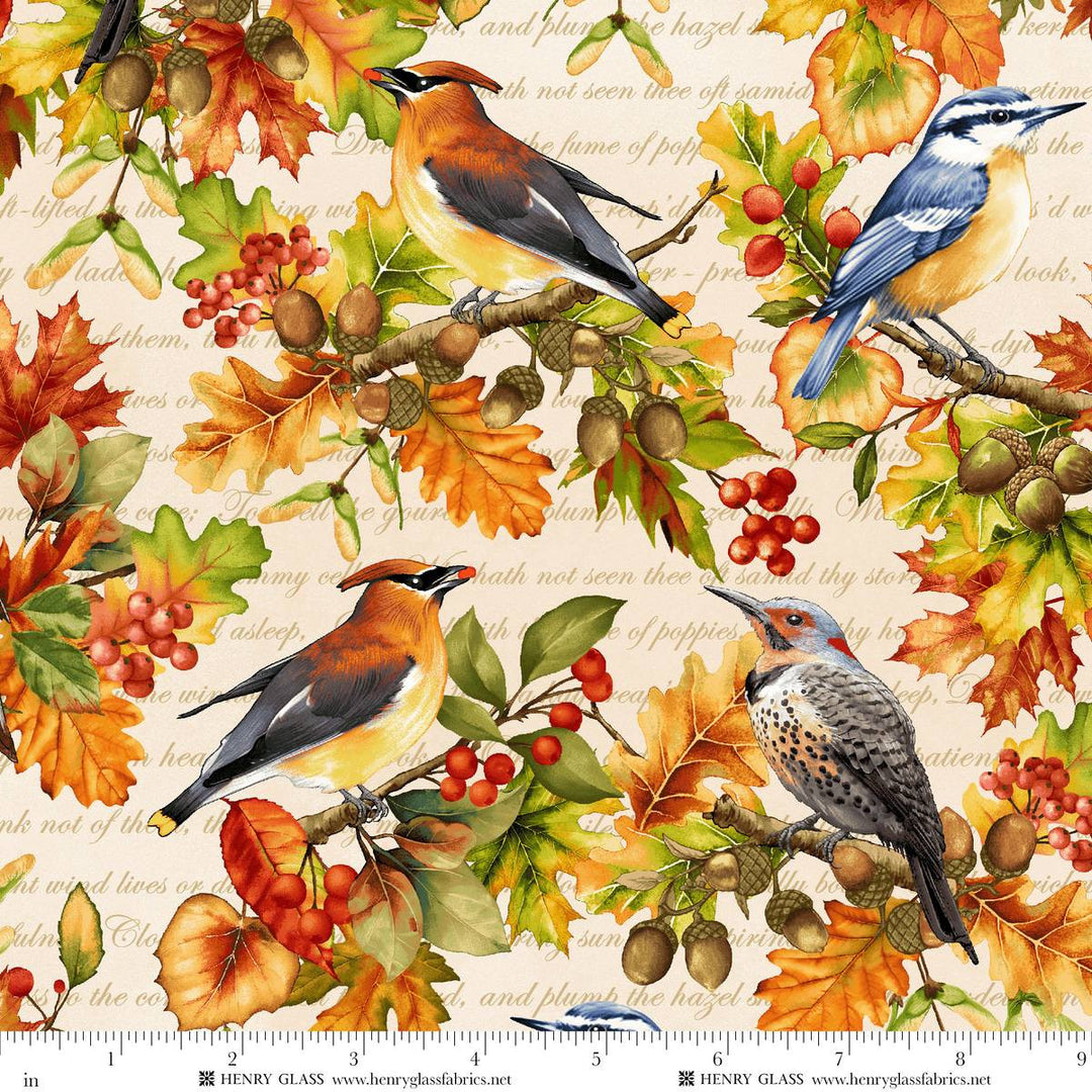 Oak and Berries - Allover Birds and Leaves, Cream Multi - 3653-44