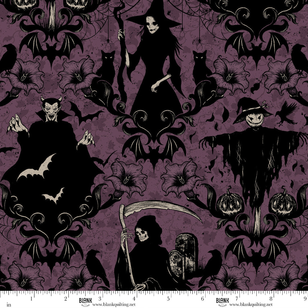 Darkly Enchanted - Damask with Witch, Scarecrow, and Grim Reaper, Plum - 4792-55