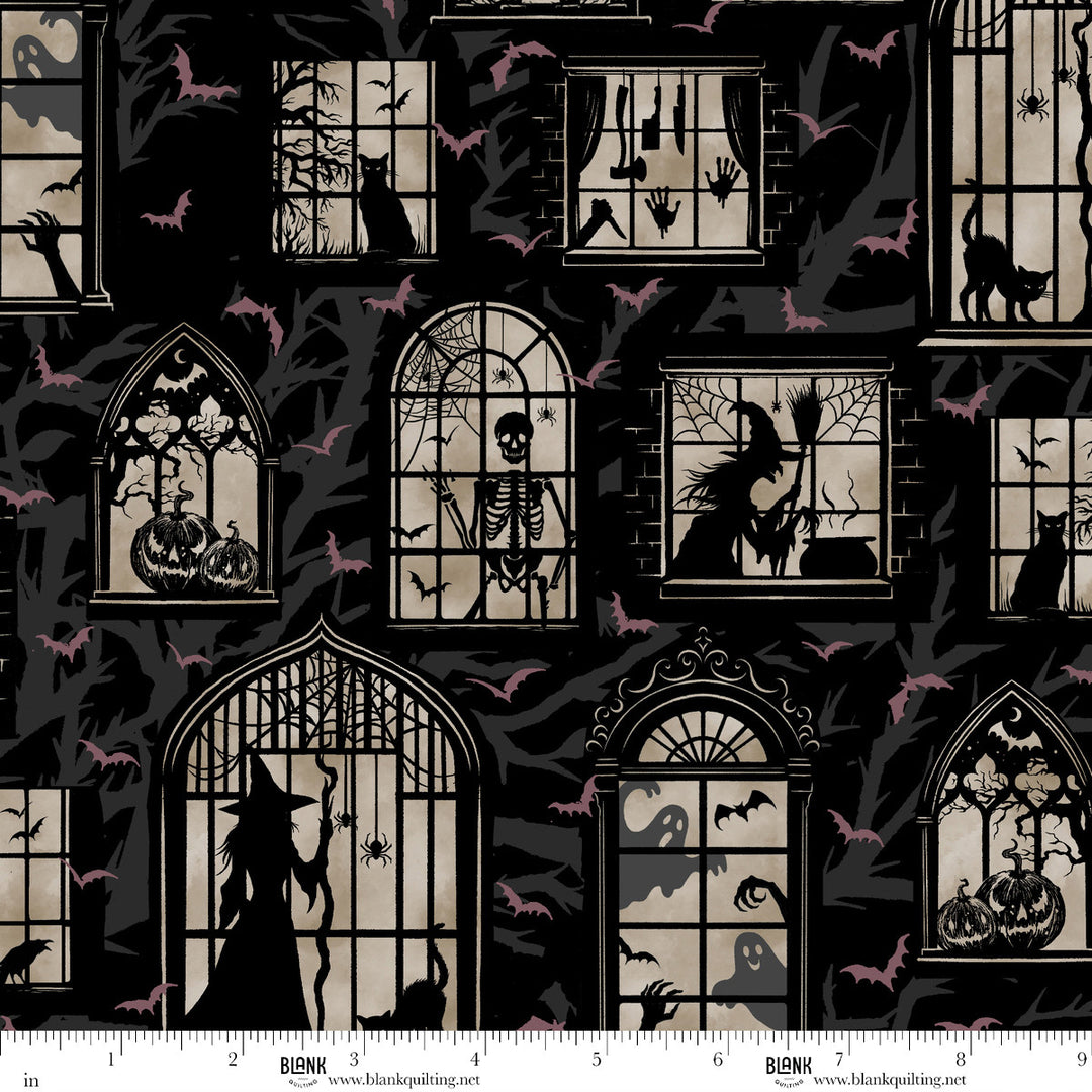 Darkly Enchanted - Mansion Windows with Spooky Silhouettes, Black - 4793-99