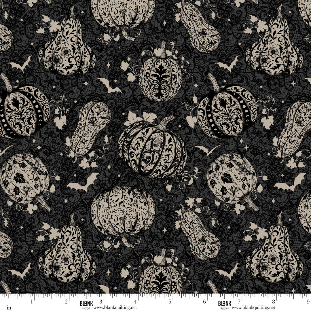 Darkly Enchanted - Damask Pumpkins with Bats, Charcoal - 4795-98