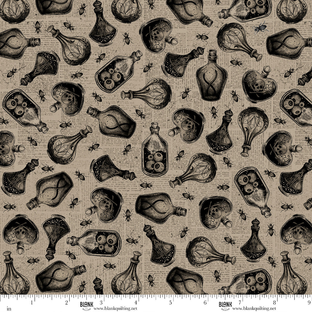 Darkly Enchanted - Potion Bottles on Newsprint, Taupe - 4798-41
