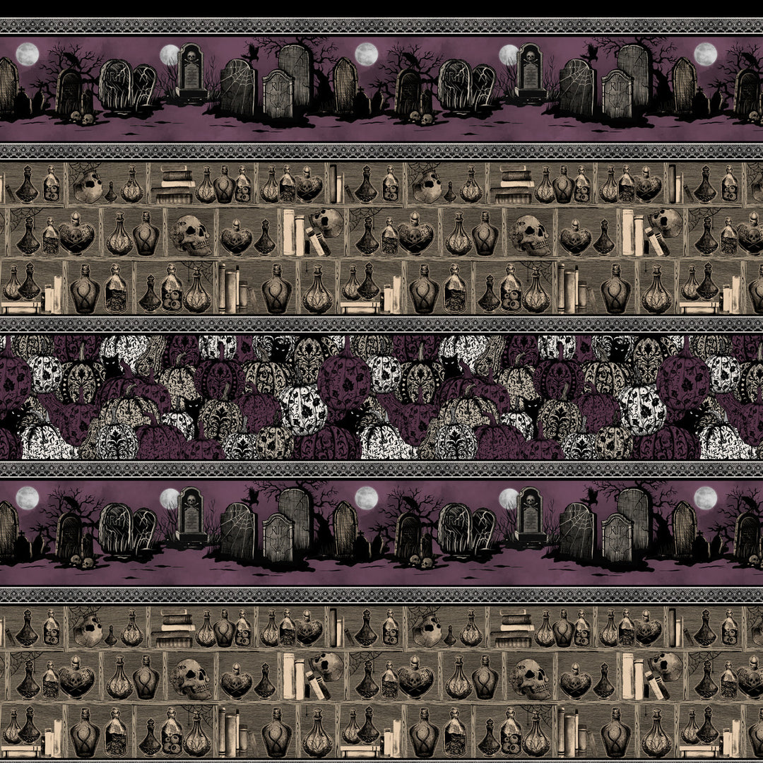 Darkly Enchanted - Stripe with Pumpkins, Cemetery, and Potion Shelf, Plum - 4801-55