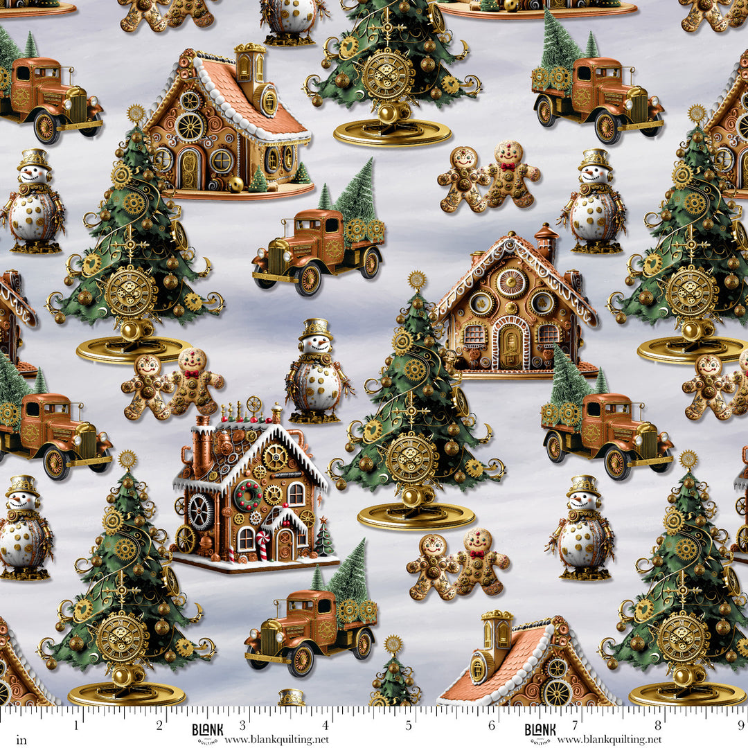 Gears & Garland - Gingerbread Houses with Snowmen and Christmas Trees, Lt. Gray- 4820-90