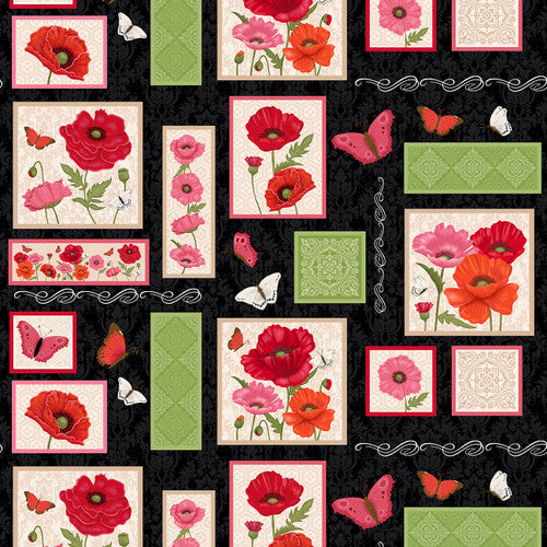 Merry Poppies - Patchwork, Black-Red - 7766-98