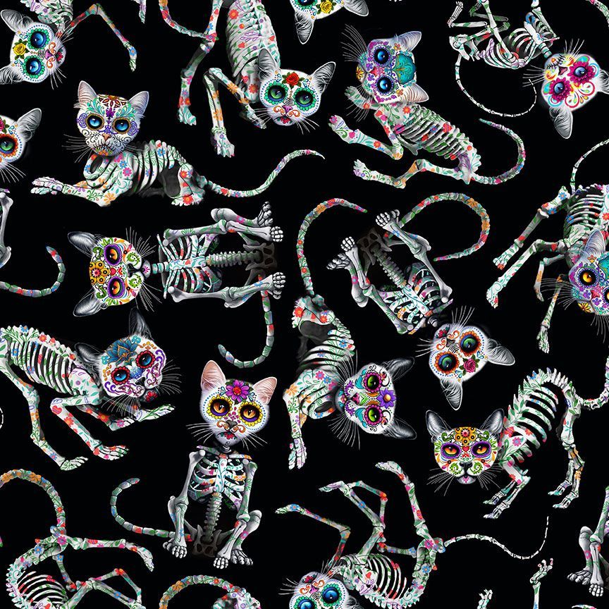 Day of the Dead - Tossed Skeleton Cats, Black - CAT-CD3602