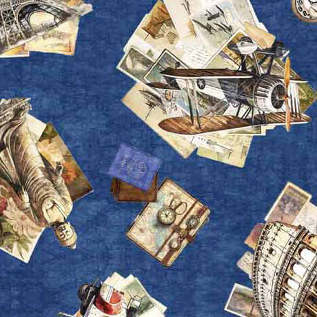 Globetrotters - Travel Icons Collage, Denim - 30531-W