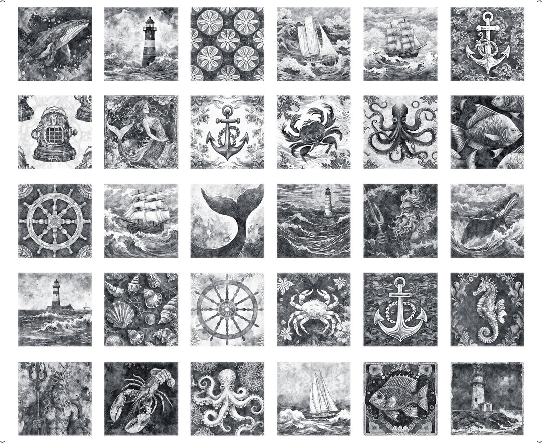 Panel 420 - Ocean Blues - Charcoal Nautical Motif Patches
