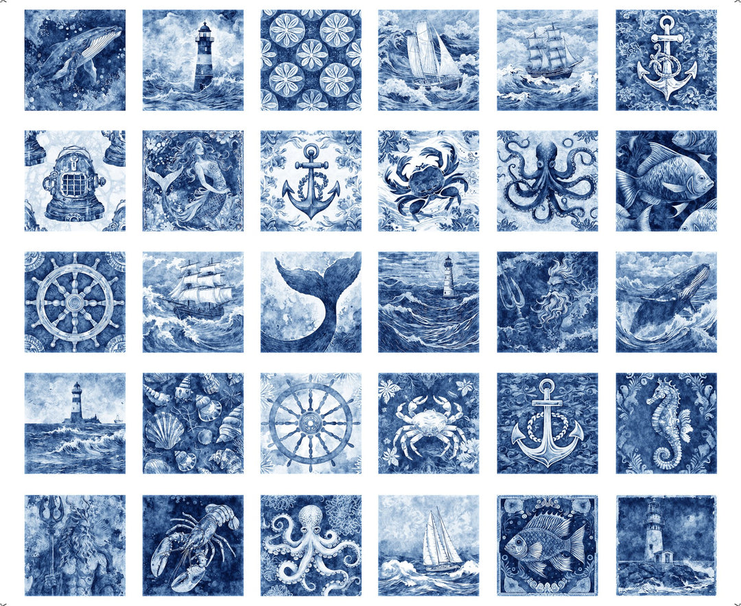 Panel 419 - Ocean Blues - Blue Nautical Motif Patches