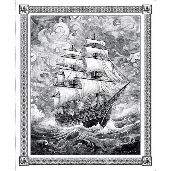 Panel 418 Ocean Blues - Charcoal Ship