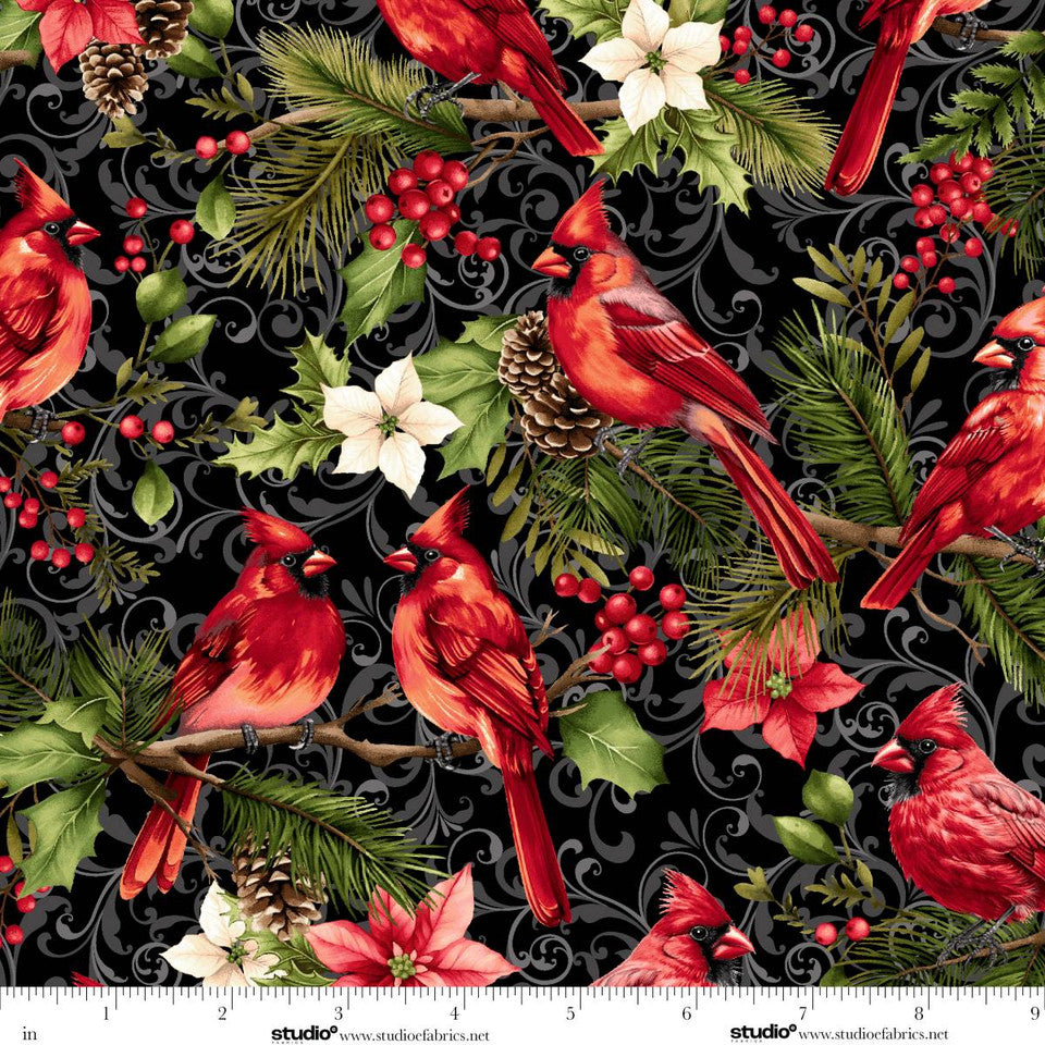 Holiday Feathers & Flourish - Birds and Winter Foliage, Black - 9265-99
