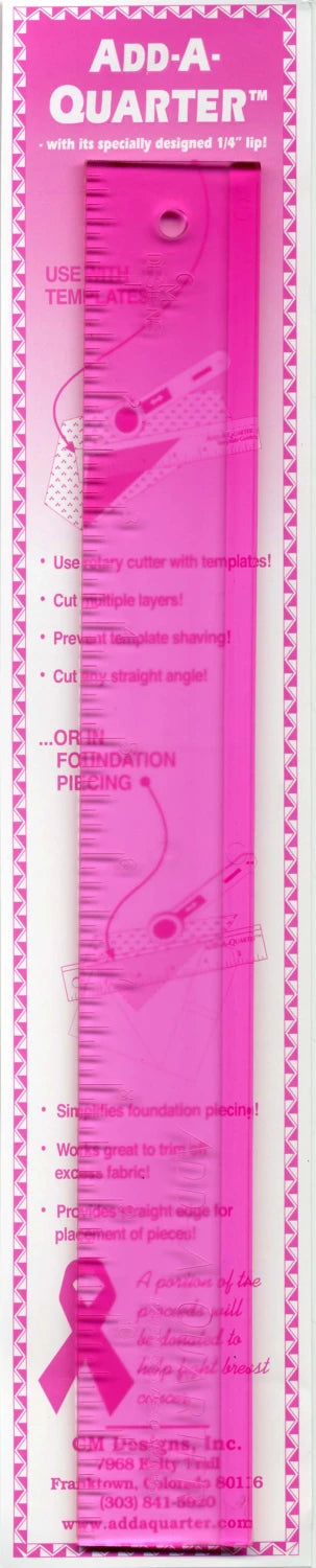 Add A-Quarter Ruler 1 1/2" x 12" Pink For Breast Cancer Awareness