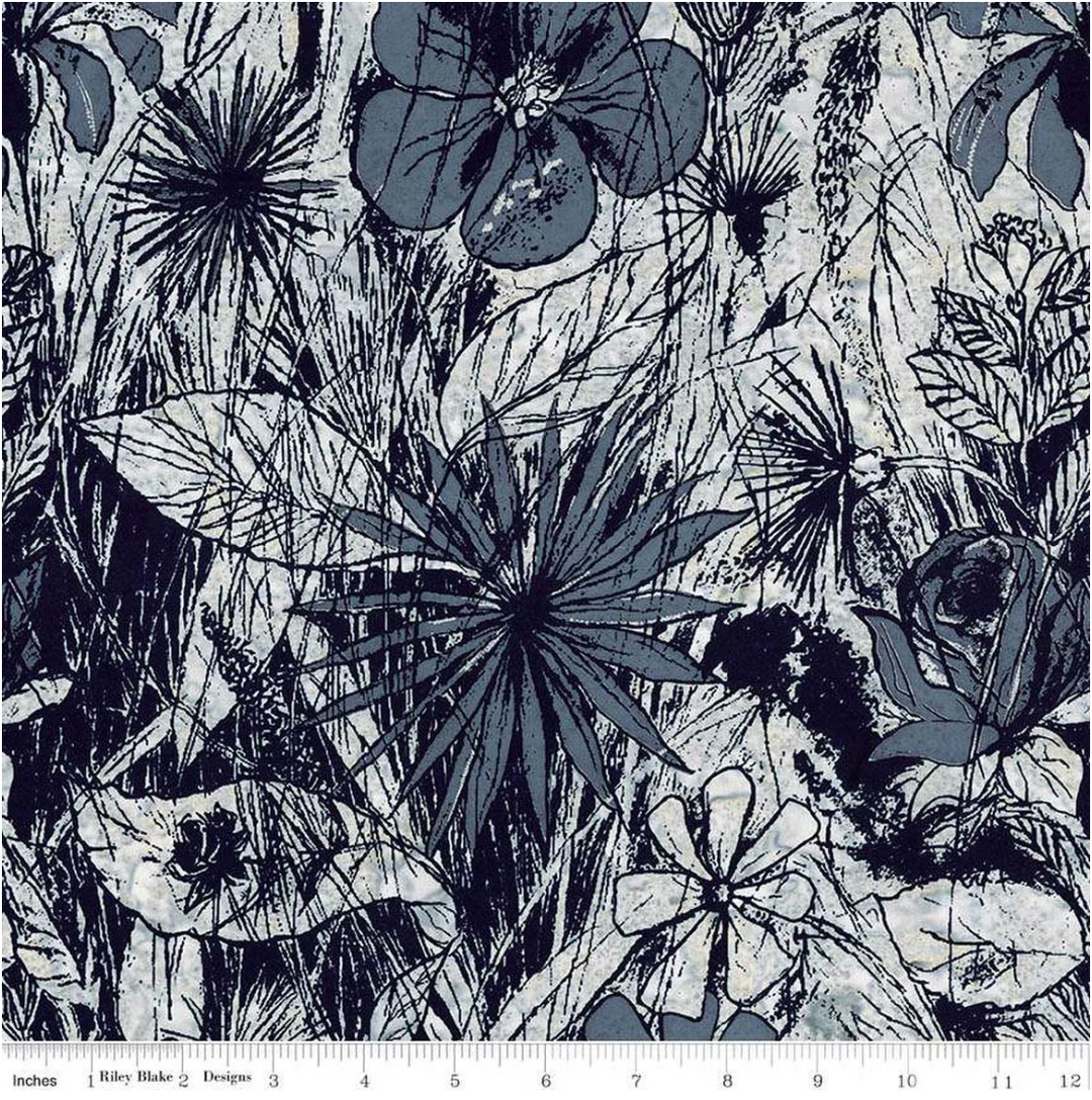Floral Reflections - Flowers, Steel Sapphire - BT23180-163 - Expressions Batiks
