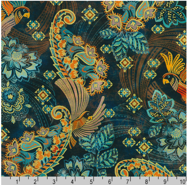 Golden Feathers - Floral Birds, Navy - SRKDM-23178-9