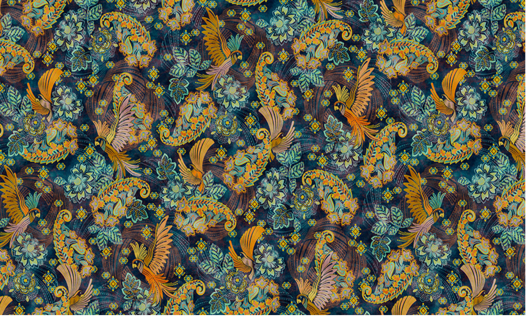 Golden Feathers - Floral Birds, Navy - SRKDM-23178-9