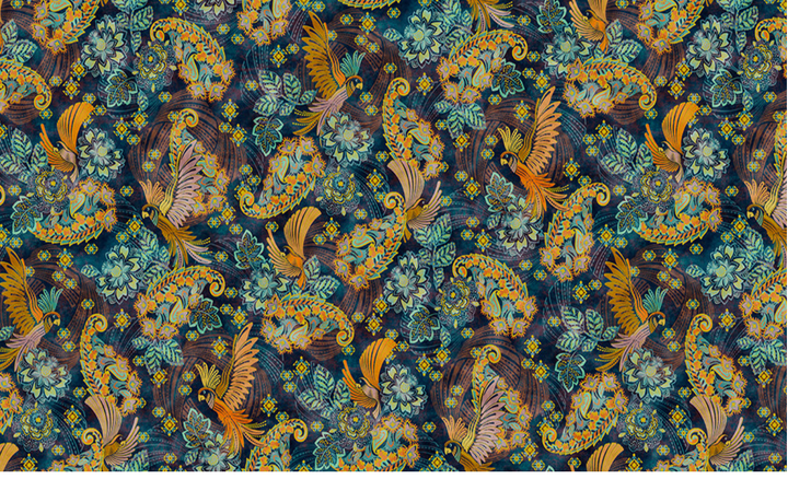Golden Feathers - Floral Birds, Navy - SRKDM-23178-9