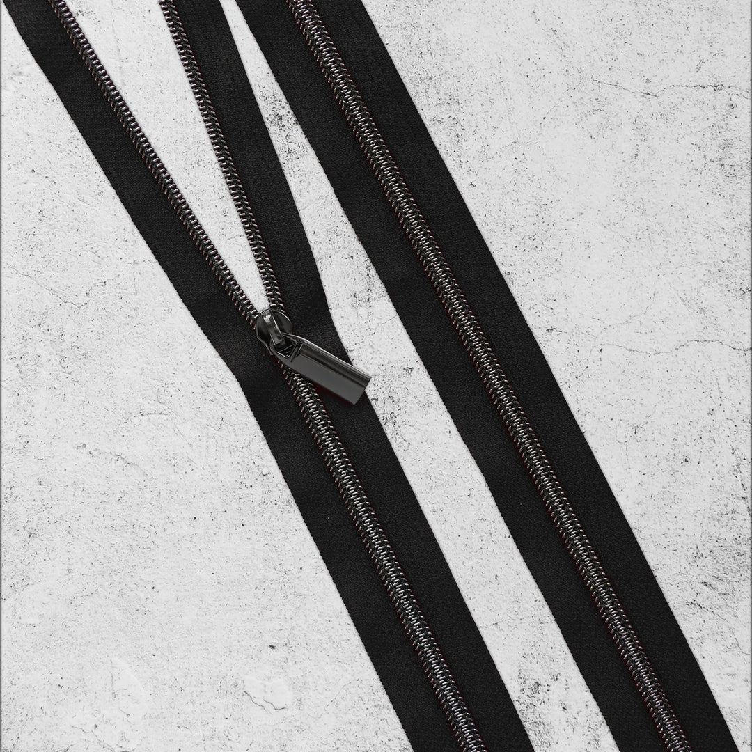 Zipper by the Yard - 3 yards Black Zipper Tape with 9 Zipper Pulls