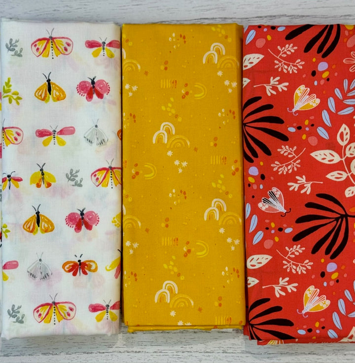 3 Yard Fabric Bundle - Aerial Rainbows and Butterflies - Red-Orange, White and Yellow