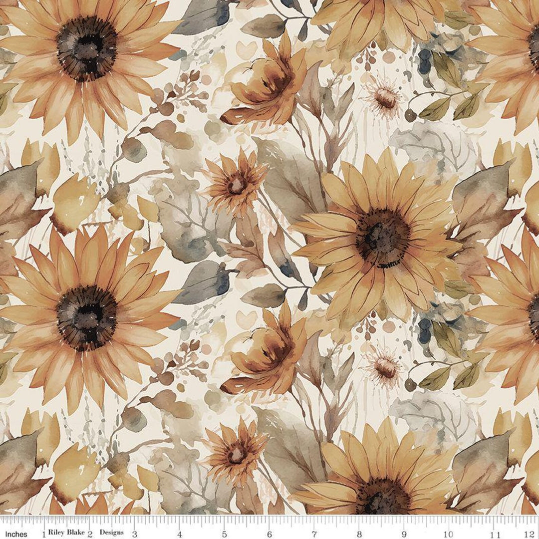 Wide Back - Evening on the Prairie 108" - Water Color Sunflowers, Cream - WB16751-CREAM