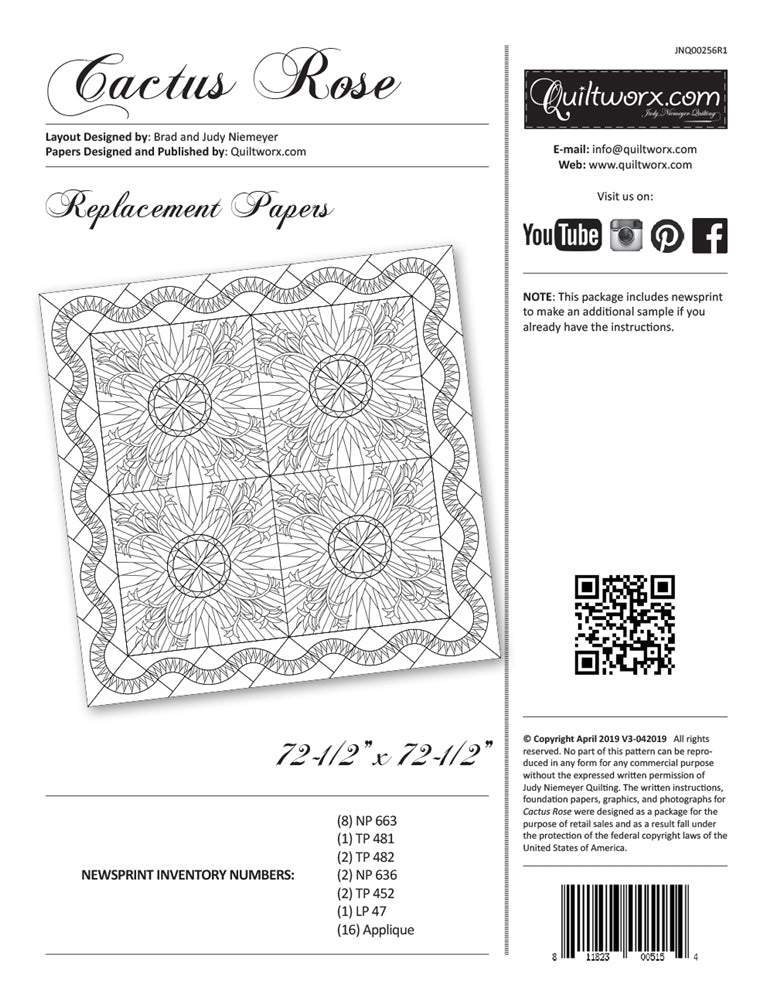 Cactus Rose Replacement Papers - Quiltworx Pattern